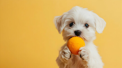Cute Puppy with Orange Ball on Yellow Background