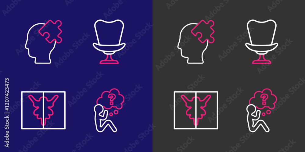 Poster set line head with question mark, rorschach test, armchair and solution to the problem icon. vector
