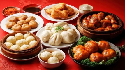 Chinese New Year Family Dinner: A Festive Table Adorned with Fish Balls, Stuffed Buns, and Red Decor, Capturing the Essence of Lunar Celebrations