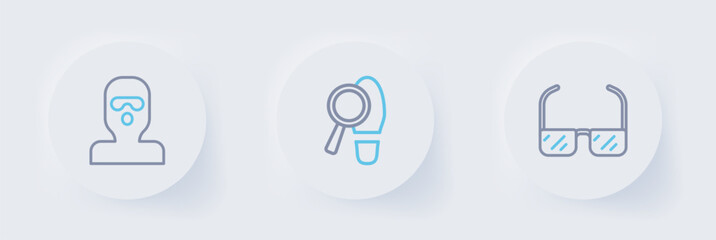 Set line Safety goggle glasses, Footsteps and Thief mask icon. Vector