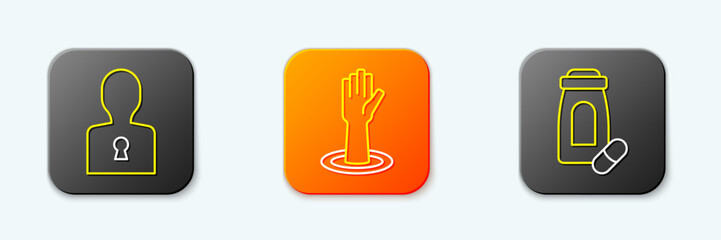 Set line Solution to the problem, Helping hand and Sedative pills icon. Vector