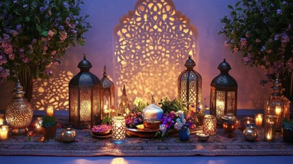 Obraz premium Enchanted Evening Setting with Glowing Lanterns and Floral Decor