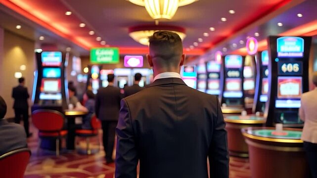 Man in Suit Walking Through a Busy Casino Game Floor