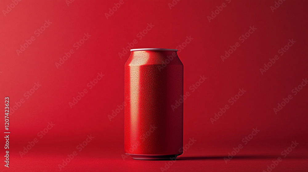 Poster vibrant red soda can with condensation stands against matching red background, creating striking vis