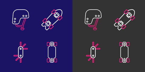 Set line Longboard or skateboard, Tool allen keys, and Skateboard helmet icon. Vector