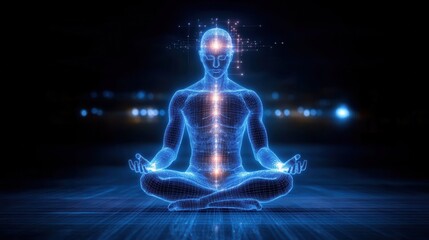 Digital meditation energy with glowing aura.