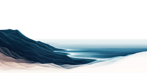 minimalist abstract coastline with gentle waves and serene atmosphere, featuring layered colors of blue and white, creating tranquil and peaceful scene