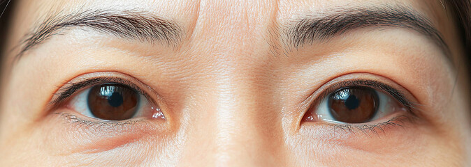 Naklejka premium Close up of expressive older asian eyes showcasing natural crowfeet wrinkles and detail. extra texture of skin around eyes, emphasizing warmth and depth of brown irises