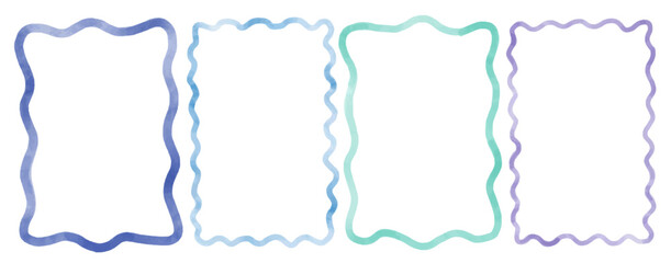 Rectangular frame with scalloped edges. Set of drawing wavy elegant outline frame in watercolor style
