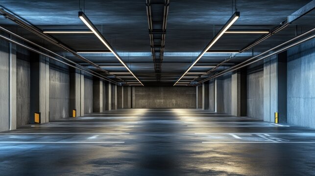 Modern underground parking garage, empty, illuminated, concrete