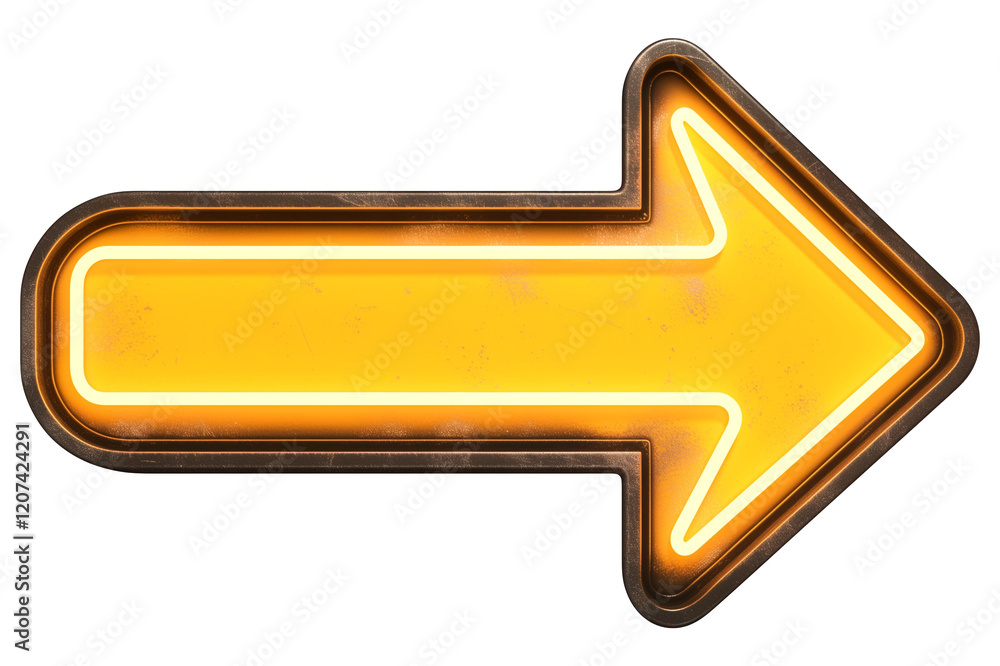 Poster bright yellow arrow with neon outline is isolated on transparency background, creating striking and 