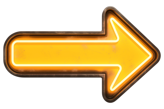 bright yellow arrow with neon outline is isolated on transparency background, creating striking and modern design