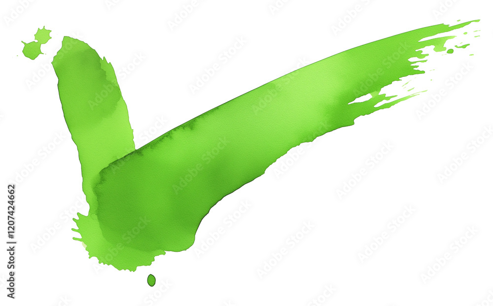 Poster bright green check mark with textured design is isolated on transparency background, symbolizing approval or correctness. brushstroke style adds artistic touch to image