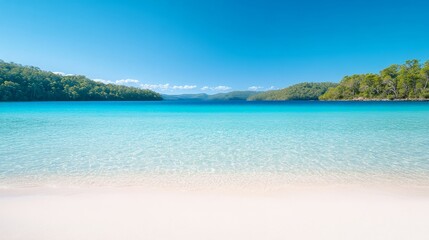 Fototapeta premium Tranquil Tropical Beach with Crystal Clear Waters and Lush Green Hills Under Bright Blue Sky During a Sunny Day in Nature's Paradise