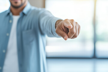 man in blue shirt is pointing directly at camera, creating sense of focus and engagement. background is softly blurred, emphasizing gesture