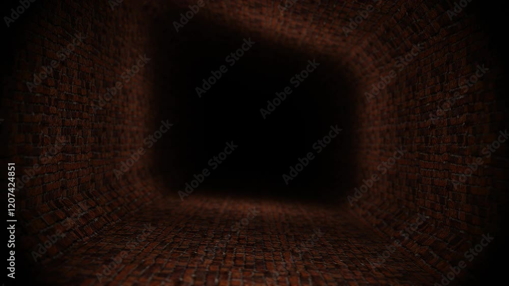 Poster endless forward movement through a dark corridor with brick walls. 3d render looped animation