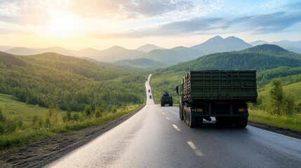 Obraz premium Scenic Mountain Road with Military Trucks, Lush Green Forests, and Rolling Hills Under a Bright Sky During Sunrise Showing Peaceful Nature and Journey Ahead