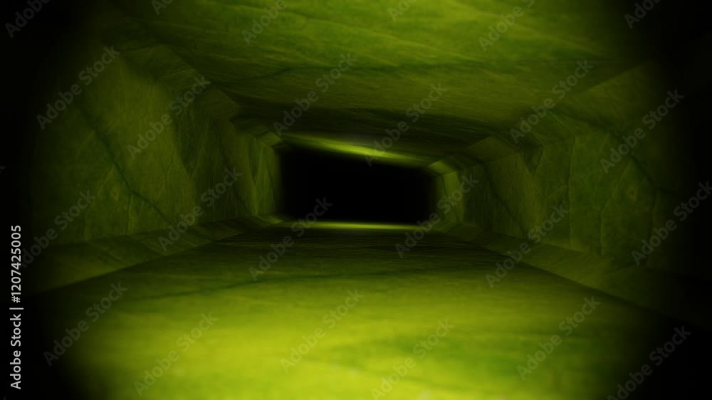 Poster endless forward movement through a corridor with walls with a texture of a green ficus leaf. 3d rend