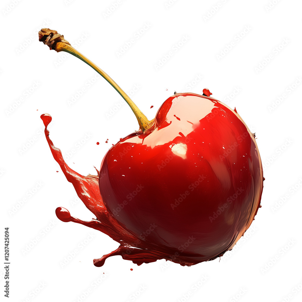 Poster vibrant red cherry with splash effect, isolated on transparency background, showcasing intense bold 
