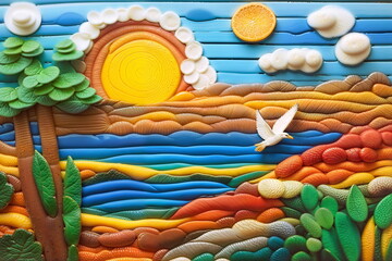 Primitive children's creativity, plasticine painting, landscape with sea, seagull, sun, clouds, tree, stones