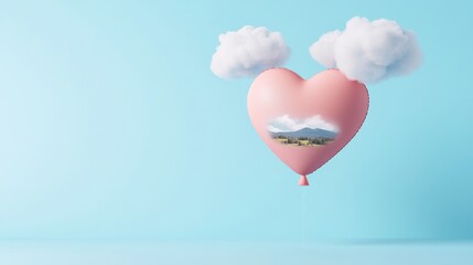 Fototapeta premium A Heart-Shaped Balloon Floating Against a Soft Blue Background Surrounded by Fluffy Clouds and Featuring a Scenic Mountain Landscape Inside the Heart