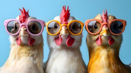 Fototapeta premium Three Hens in Sunglasses – Fun Spring and Easter Concept