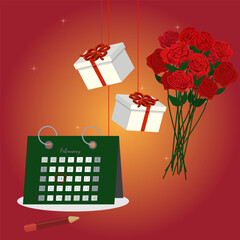 February calendar with note icon flowers. Red roses, presents boxes St Valentines day calendar love illustration design