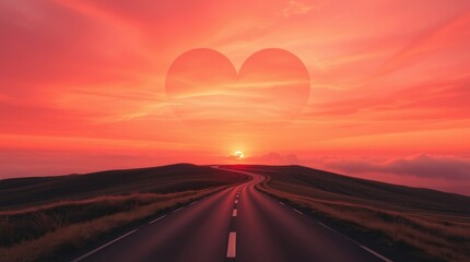 Sculptural clay art glowing with bioluminescent colors. Red heart-shaped sunset sky, modeled shapes, textured, natural light effects, vibrant glow, love background