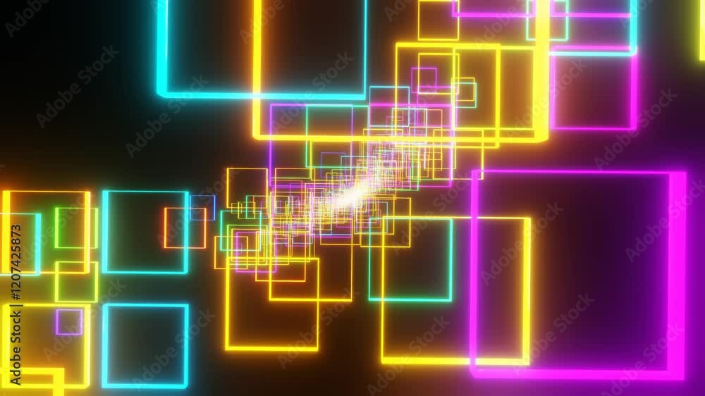 Poster endless forward movement through rotating multi-colored glowing rectangular frames. 3d render looped