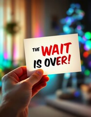 The wait is over announcement card held up against a bokeh background of lights