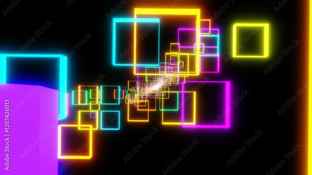 Poster endless forward movement through rotating multi-colored glowing rectangular frames. 3d render looped
