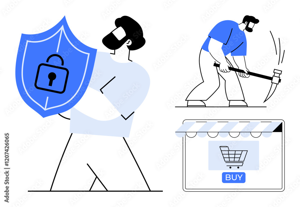 Poster man holding a secure shield, another man mining with a pickaxe, and an online shopping cart with buy