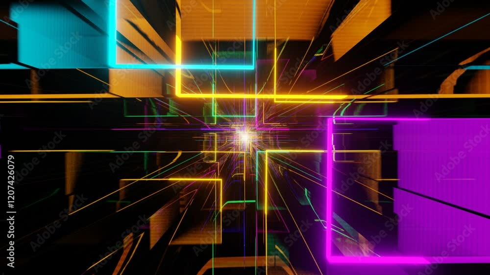 Poster endless forward movement through rotating multi-colored glowing rectangular frames. 3d render looped