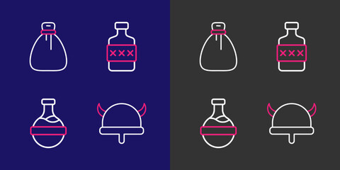 Set line Viking in horned helmet, Bottle with potion, Whiskey bottle and Old money bag icon. Vector