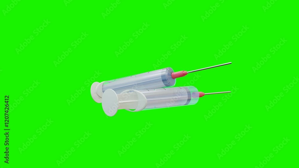 Poster two disposable syringes rotate on a green background. 3d render looped animation