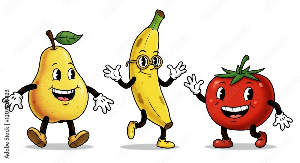 Poster fun animated fruits and vegetable characters dancing with joyful expressions