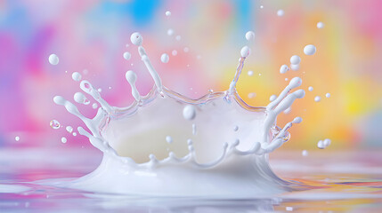 Milk Splash on Colorful Background with Soft Focus and Droplets