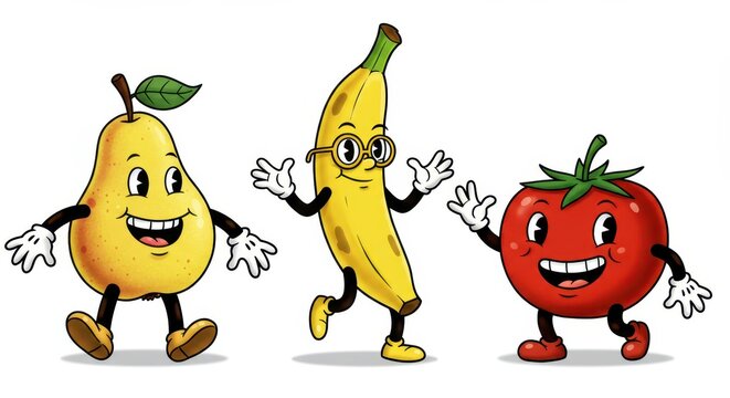 Fun animated fruits and vegetable characters dancing with joyful expressions