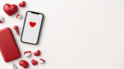 Fototapeta na wymiar Modern Smartphone Displaying Heart Symbol Surrounded by Red Hearts and Romantic Accessories on Light Background for Valentine's Day or Love Themes