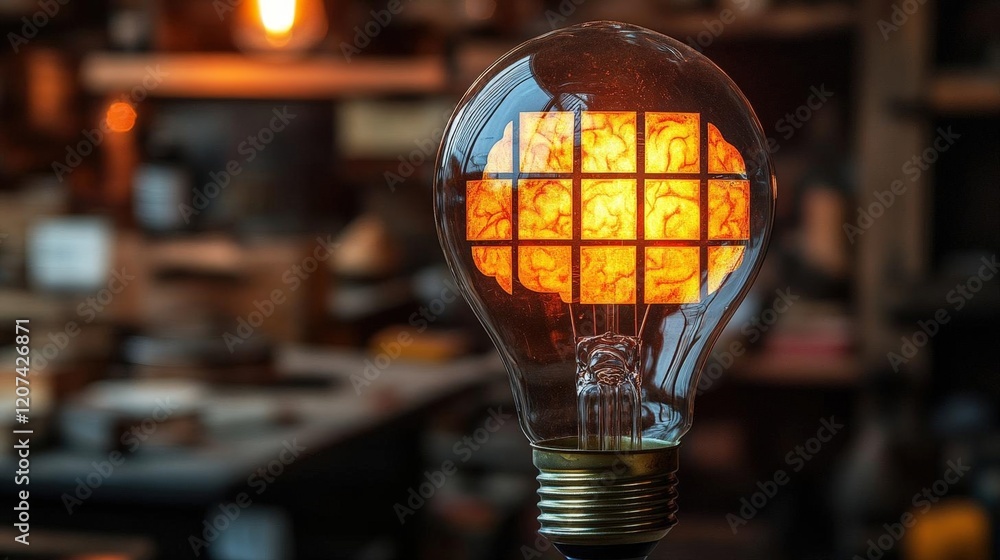 Poster glowing lightbulb with grid pattern symbolizing innovation and creative ideas