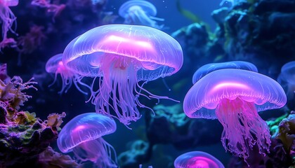 Obraz premium Glowing jellyfish gracefully float in vibrant underwater scene. Mesmerizing bioluminescence illuminates the ocean depths. Perfect for marine, nature, and science themes.