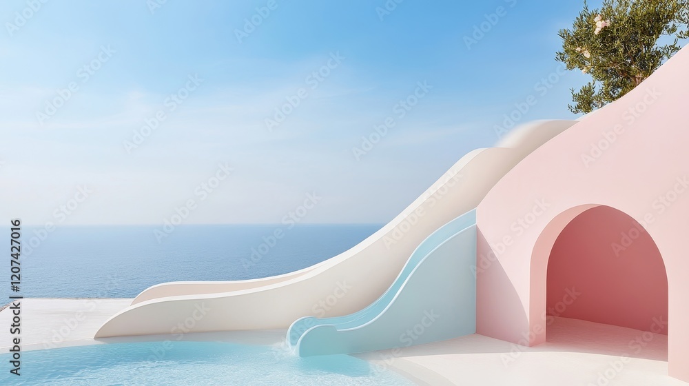 Poster modern architectural design featuring minimalist pool slide against serene ocean backdrop, creating 