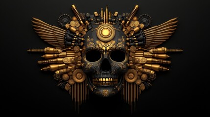Intricate skull design with golden elements.