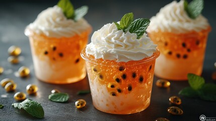 Delicious dessert cups with creamy topping and vibrant fruit accents garnished with fresh mint leaves
