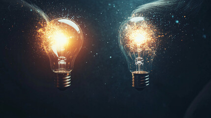 two glowing lightbulbs with radiating golden sparks floating in a dark and ethereal background with soft textures  
