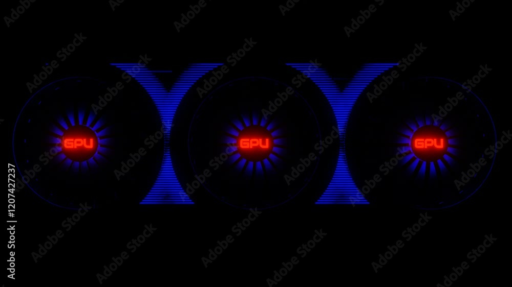 Poster video card coolers with neon multicolored backlighting rotate on a black background. 3d render loope