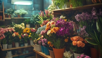 Obraz premium Florist Crafting a Colorful Bouquet of Fresh Flowers for Special Occasions
