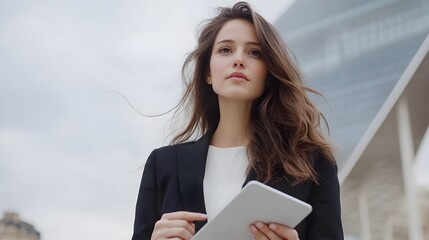 Obraz premium Confident businesswoman tablet city outdoor thinking
