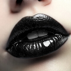 Close up of glossy black lips with smooth texture and shine, creating bold and striking appearance. image captures allure and intensity of dark lip color
