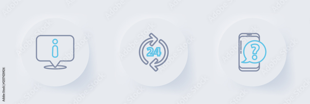 Poster set line mobile phone with question, telephone 24 hours support and information icon. vector